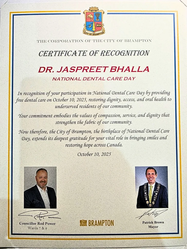 Dr. Jaspreet Bhalla, founder of The Tooth Place, has been officially recognized by the City of Brampton